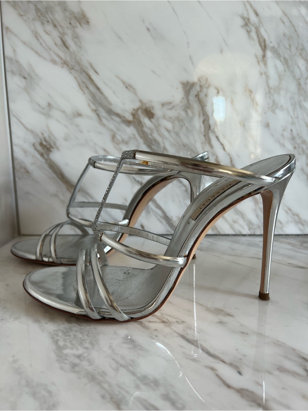 Casadei Silver Metallic Strappy High Heel Mules